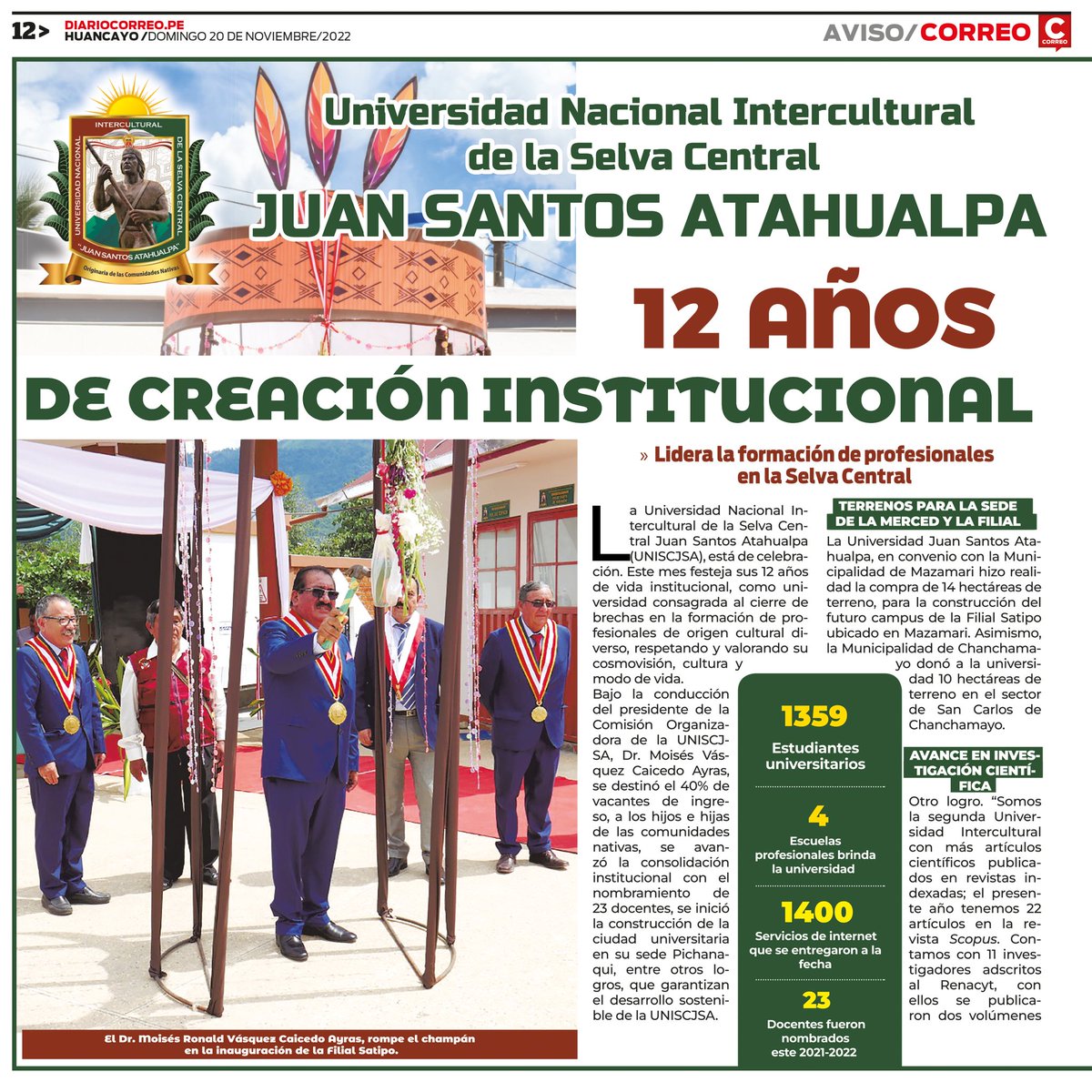 UniscjsaOficial's tweet photo. ✅️El pasado domingo 20 de noviembre, Diario Correo informó sobre nuestras actividades y logros, en conmemoración por los 12° Años de Creación Institucional de nuestra Universidad Nacional Intercultural de la Selva Central Juan Santos Atahualpa (#UNISCJSA).👍 #Chanchamayo https://t.co/YZ3KTZlRPD