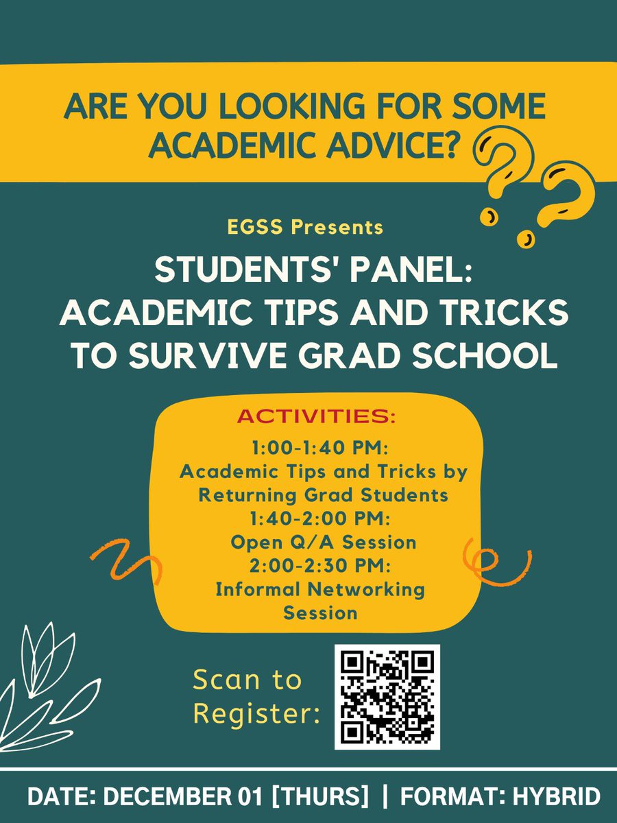 Dear EGSS Members,

Are you looking for some academic advice? We invite you to attend "Education Students' Panel: Academic Tips and Tricks to Survive Grad School". 

Registration link: forms.gle/1Qua72EQvtuGTX…

Date: December 01 [Thursday]
Time: 1:00 PM-2:30 PM 
Format: Hybrid