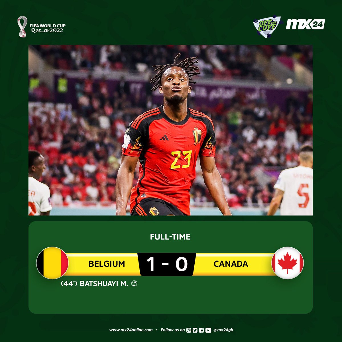 mx24sports_'s tweet photo. Michy Batshuayi’s goal places the De Rode Duivels on top of the table.
#mx24gh #funfearlessfactual #mx24sports #WorldCuponMX24 #fifaworldcup https://t.co/sS7XlvbApe