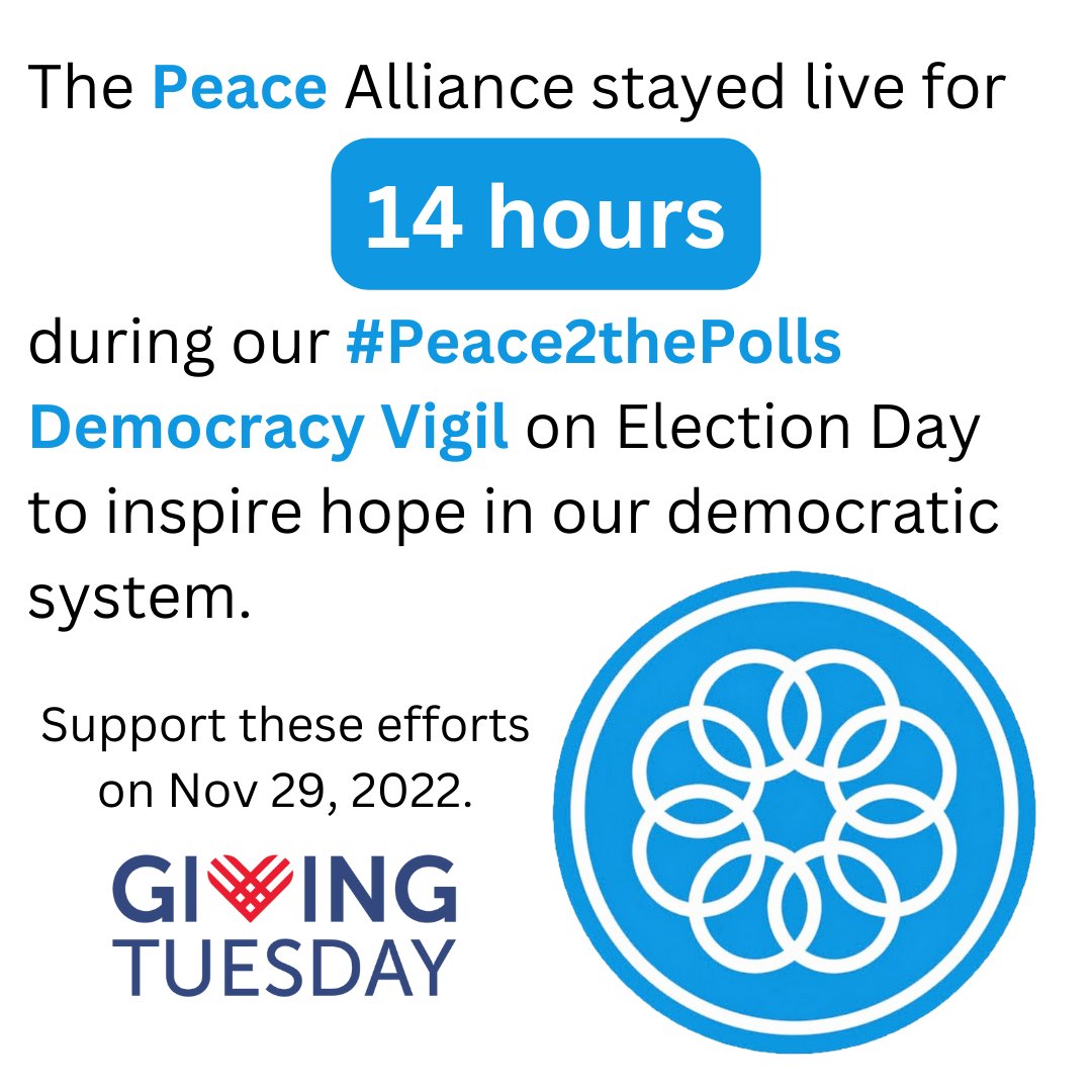 PeaceAlliance's tweet photo. 1/2 We were moved by how many of you joined us for the #Peace2thePolls Democracy Vigil on election day. 14 hours of open zoom room where speakers brought wisdom and personal peace practice throughout the day. #GivingTuesday2022 #peaceispossible https://t.co/0jEWMmzUcJ https://t.co/1W3Ip7LF6O