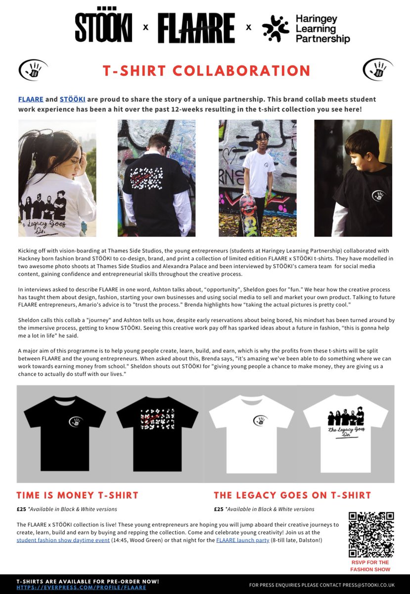 HaringeyLP's tweet photo. Don’t miss out! Join us at Commerce House on 02.12.22 at 2.45pm for the launch of our brand new t-shirt range. Our young entrepreneurs have collaborated with @_stooki_ to bring you something very special… #FLAARE #ThisIsAP https://t.co/QzXFQNYlpG