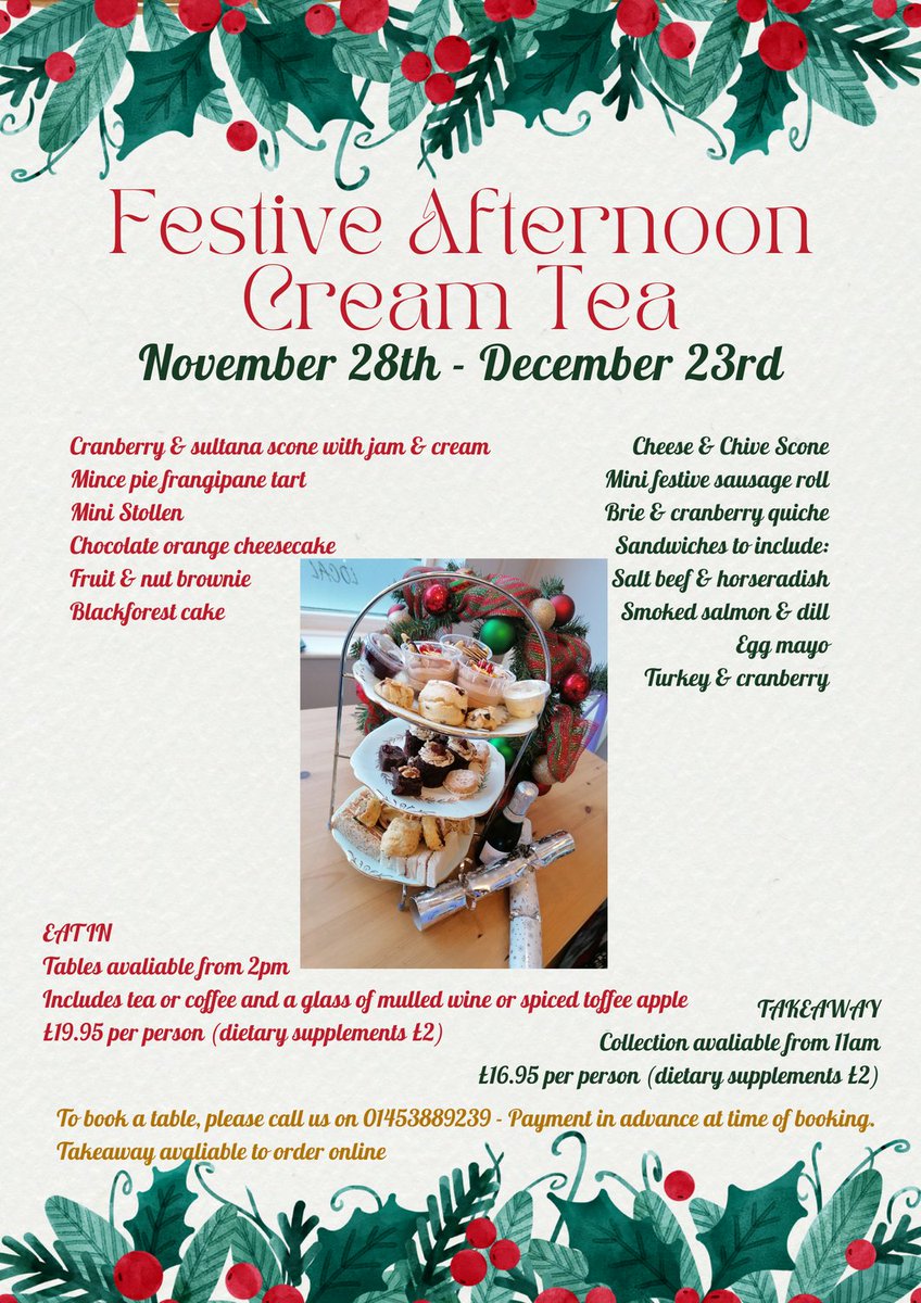 Still taking bookings for our festive afternoon cream tea, although we are filling up fast!

#afternoontea #festiveafternoontea #afternooncreamtea #festiveafternooncreamtea #festive #cafe #cake #cotswolds #cotswoldscafe #chalford #stroud #gloucestershire