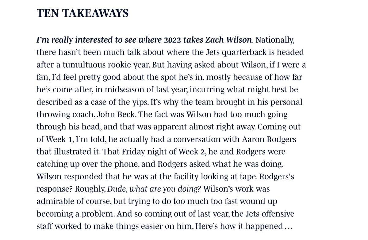 AlbertBreer's tweet photo. Jets QB Zach Wilson's issues actually go all the way back to last year—he had a case of the yips that caused the team to delay his return from a PCL injury and hire John Beck last fall. In our 6.20 MMQB (https://t.co/BzimKLjNcs), we detailed what the coaches did to combat that. https://t.co/Y92XCzAfQ7