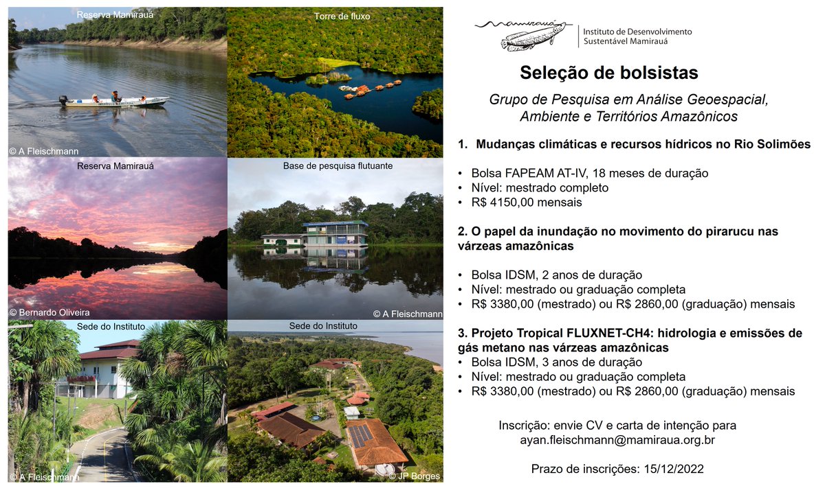 Ayan Fleischmann (@ayanfleischmann) on Twitter photo Call for research grants!
Want to do geospatial, hydrology and climate science in a great research institute at the heart of the #Amazon? Come work with us in the Mamirauá Institute in Tefé!
There are 3 open grants to work with me in the Research Group in Geospatial Analysis. Call for research grants!
Want to do geospatial, hydrology and climate science in a great research institute at the heart of the #Amazon? Come work with us in the Mamirauá Institute in Tefé!
There are 3 open grants to work with me in the Research Group in Geospatial Analysis.