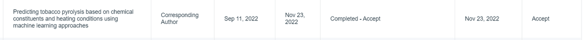 My fifth work has been completely accepted.
It's the first general model for tobacco pyrolysis with high accuracy. Thanks to the researchers of China tobacco for the data supporting! 
I am responsible for coding and algorithm, but before this work, I knew nothing about tobacco🤣
