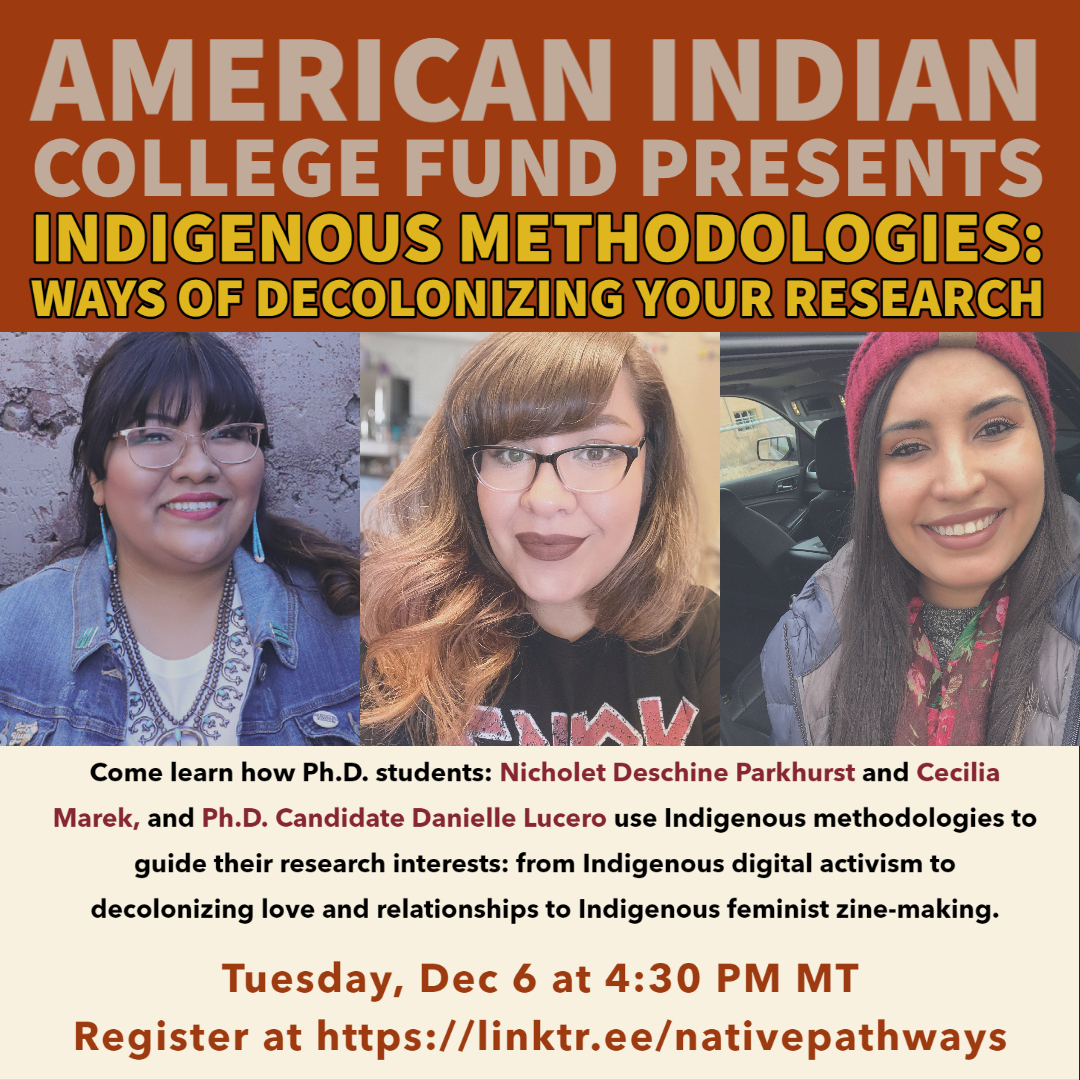 NativePathways's tweet photo. 12/6 PhD students: Nicholet Deschine Parkhurst & Cecilia Marek, & PhD Candidate Danielle Lucero use #Indigenousmethodologies to guide their #research in Indigenous digital activism to #decolonizing love & relationships to #Indigenousfeminist zine-making.
https://t.co/FRqiLGnjxO https://t.co/l2fUxBml1j