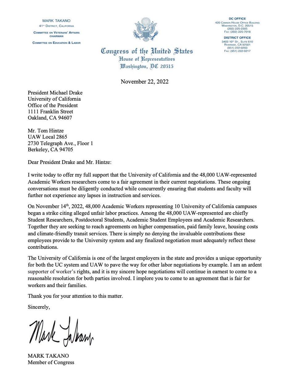 uaw_4811's tweet photo. “I am an ardent supporter of worker’s rights, and it is my sincere hope negotiations will continue in earnest to come to a reasonable resolution for both parties involved. I implore you to come to an agreement that is fair for workers and their families.”
#FairUCnow #UAWonStrike https://t.co/C14ApMEJzF