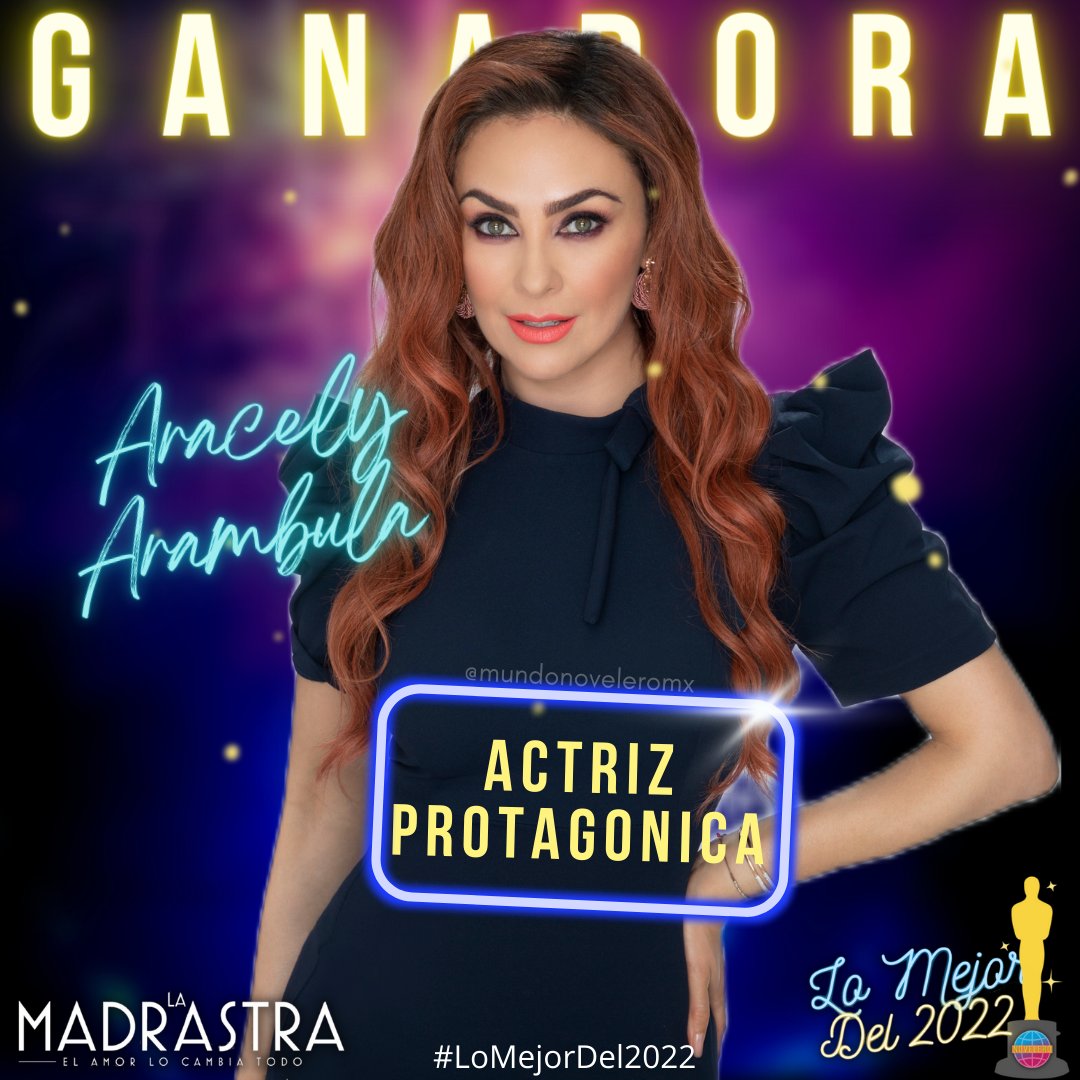 ¡𝗟𝗢 𝗠𝗘𝗝𝗢𝗥 𝗗𝗘𝗟 𝟮𝟬𝟮𝟮! 
🔸️ - 𝗠𝗘𝗝𝗢𝗥 𝗣𝗥𝗢𝗧𝗔𝗚𝗢𝗡𝗜𝗦𝗧𝗔 
Ganadora como 🔹️Mejor Protagonista 🔹️ es 𝗔𝗿𝗮𝗰𝗲𝗹𝘆 𝗔𝗿𝗮𝗺𝗯𝘂𝗹𝗮 en la Telenovela  #LaMadrastra2022 con el personaje de #Marcia    
¡Felicidades! 🎉🎊
Ganado con el 49% de 2,162 Votos.