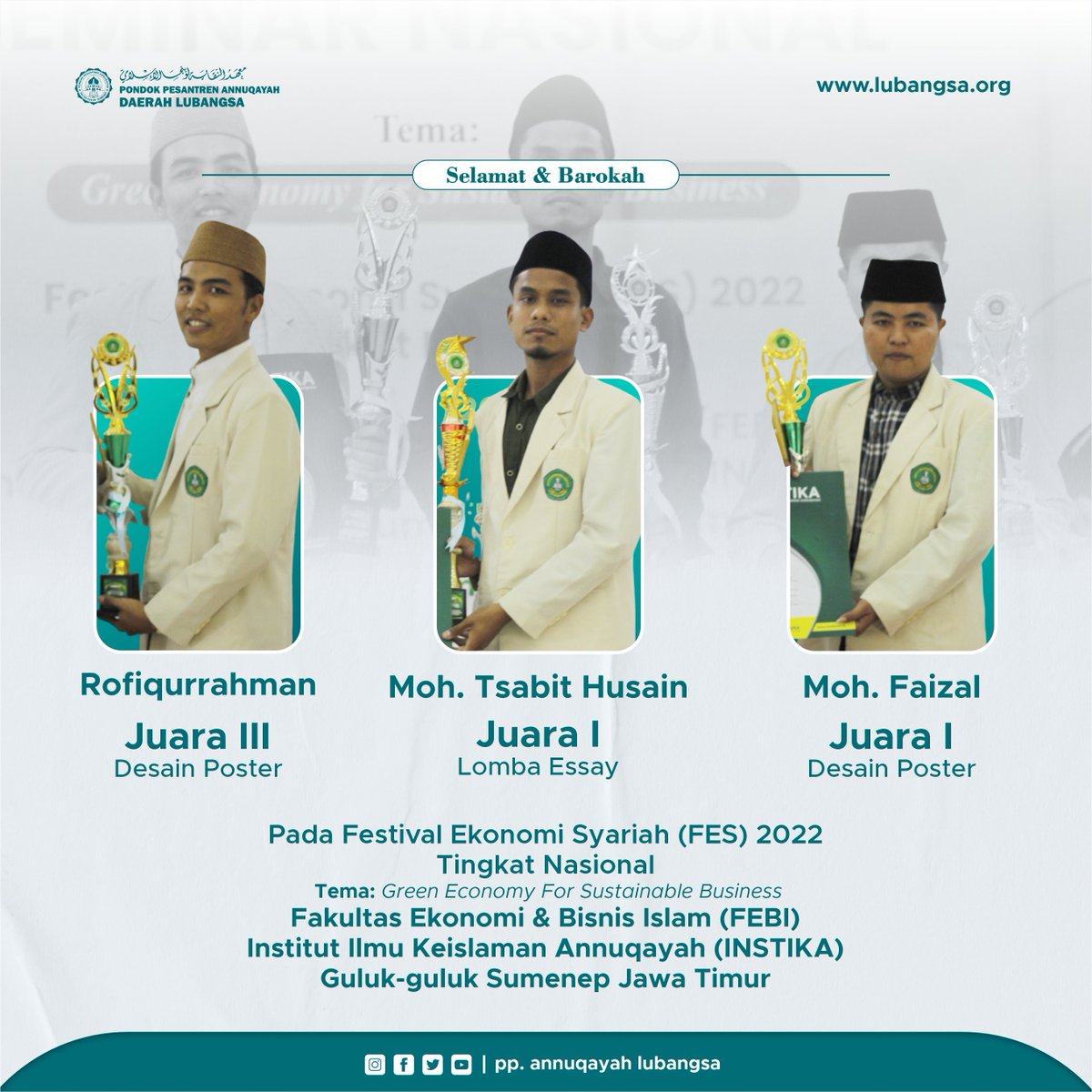 lubangsa's tweet photo. Selamat dan Sukses
Santri PP.Annuqayah Lubangsa

Moh. Tsabit Husain
Juara I Lomba Essay

Moh. Faizal
Juara I Lomba desain poster

Rofiqurrahman
Juara III desain poster https://t.co/EX9PkPPAU9