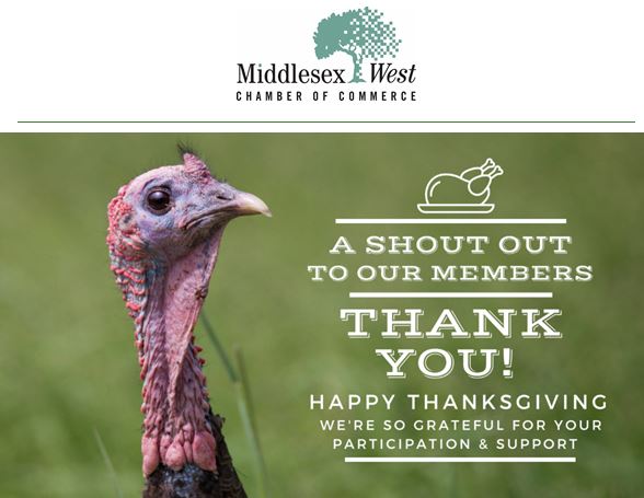 MWestChamber's tweet photo. Cheers👏and shout-out📣to Middlesex West Chamber Sponsors, members &amp; friends! SO grateful for your support. Shop &amp; patronize local business this season &amp; every day!
Happy Thanksgiving🦃from Executive Director Jenna Amara &amp; the team at MWCoC
#MWCoC #MiddlesexWest https://t.co/PMP11BXN7k