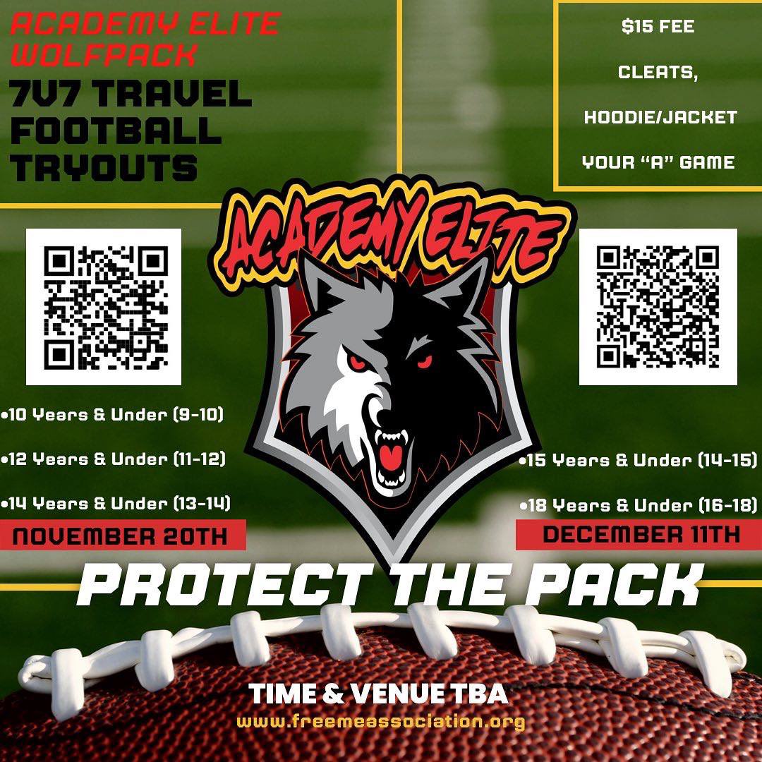 Coach_Martin318's tweet photo. @AcademyElite7v7 tryouts for 15u & 18u will be held Dec 11th 3pm. Scan the Dec 11th QR code above the date to register early online. Looking forward to seeing the future wolves. Bring that dog mentality #ItsHuntingSeason #ProtectDaPack https://t.co/DWSt3SgHyP