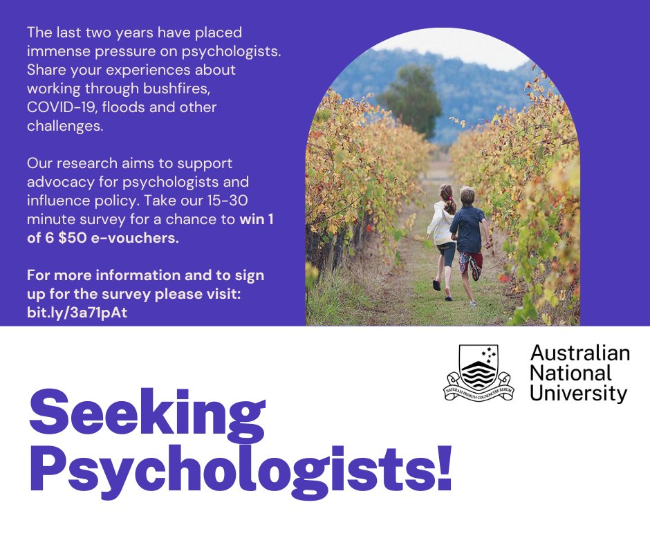 Seeking Psychologists! 
Researchers at the ANU are looking for psychologists who have been affected by natural disaster and/or #COVID19. Complete our survey to contribute to important research that will help support advocacy and for a chance to WIN a $50 e-gift voucher! <a href="/PsycANU/">ANU Psychology</a>