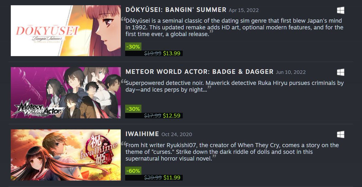 shiravune's tweet photo. Don't miss Shiravune's MAJOR DISCOUNTS in the Autumn Sale that's running right now on Steam!
30% OFF Doukyuusei: #BanginSummer, 30% OFF #MeteorWorldActor: Badge & Dagger, 60% OFF #Iwaihime, and much more!
▼STEAM AUTUMN SALE 2022▼
https://t.co/hapC6CSClb
Nov. 22 ~ Nov. 29 https://t.co/APoE3YiciH