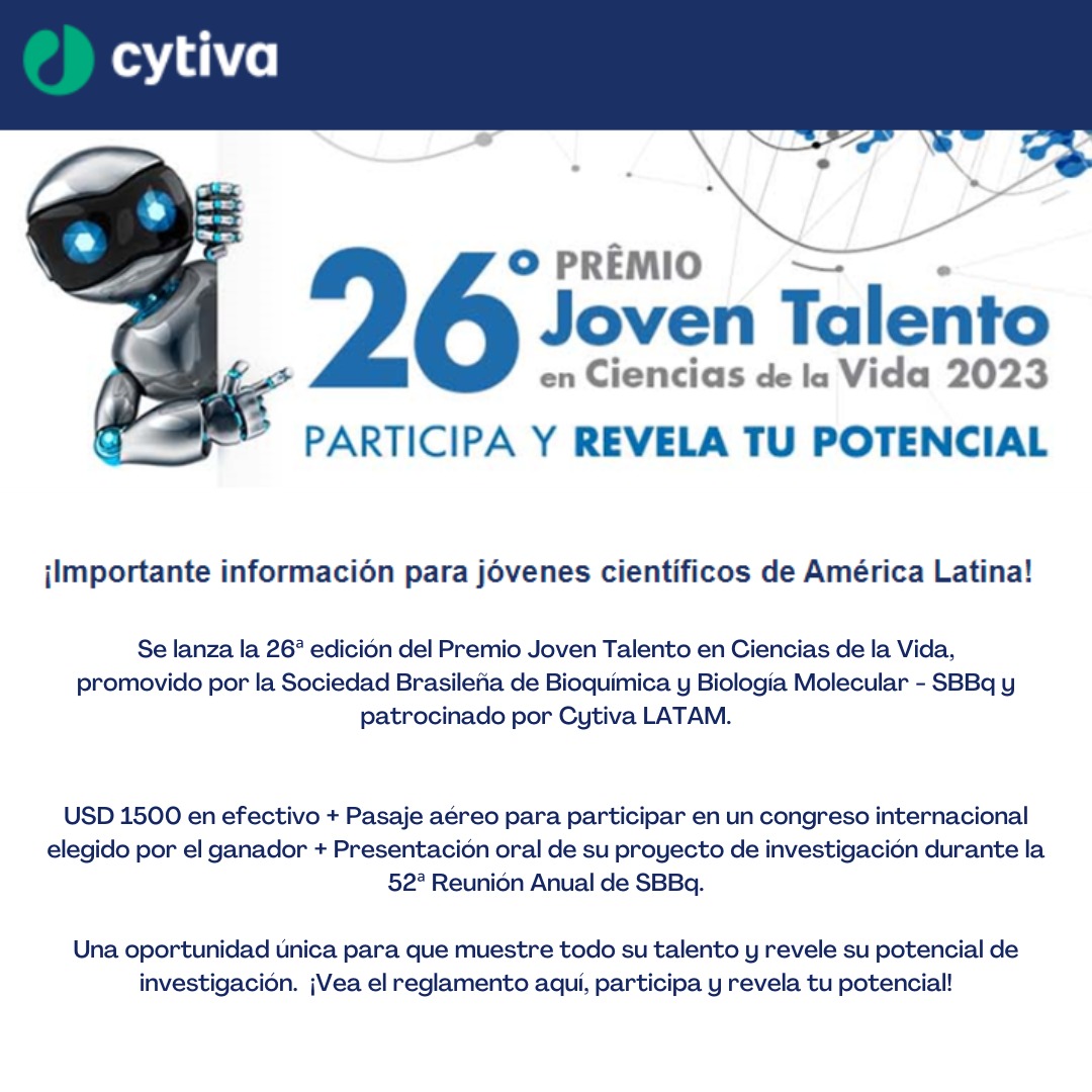 BiomolEcuador's tweet photo. ¡Importante información para jóvenes científicos de América Latina! 👩🏼‍🔬👨🏽‍🔬

Se lanza la 26ª edición del Premio Joven Talento en Ciencias de la Vida, promovido por la Sociedad Brasileña de Bioquímica y Biología Molecular - SBBq y patrocinado por @Cytiva
 https://t.co/KITLI1jnJZ https://t.co/KfMiv4DpGZ