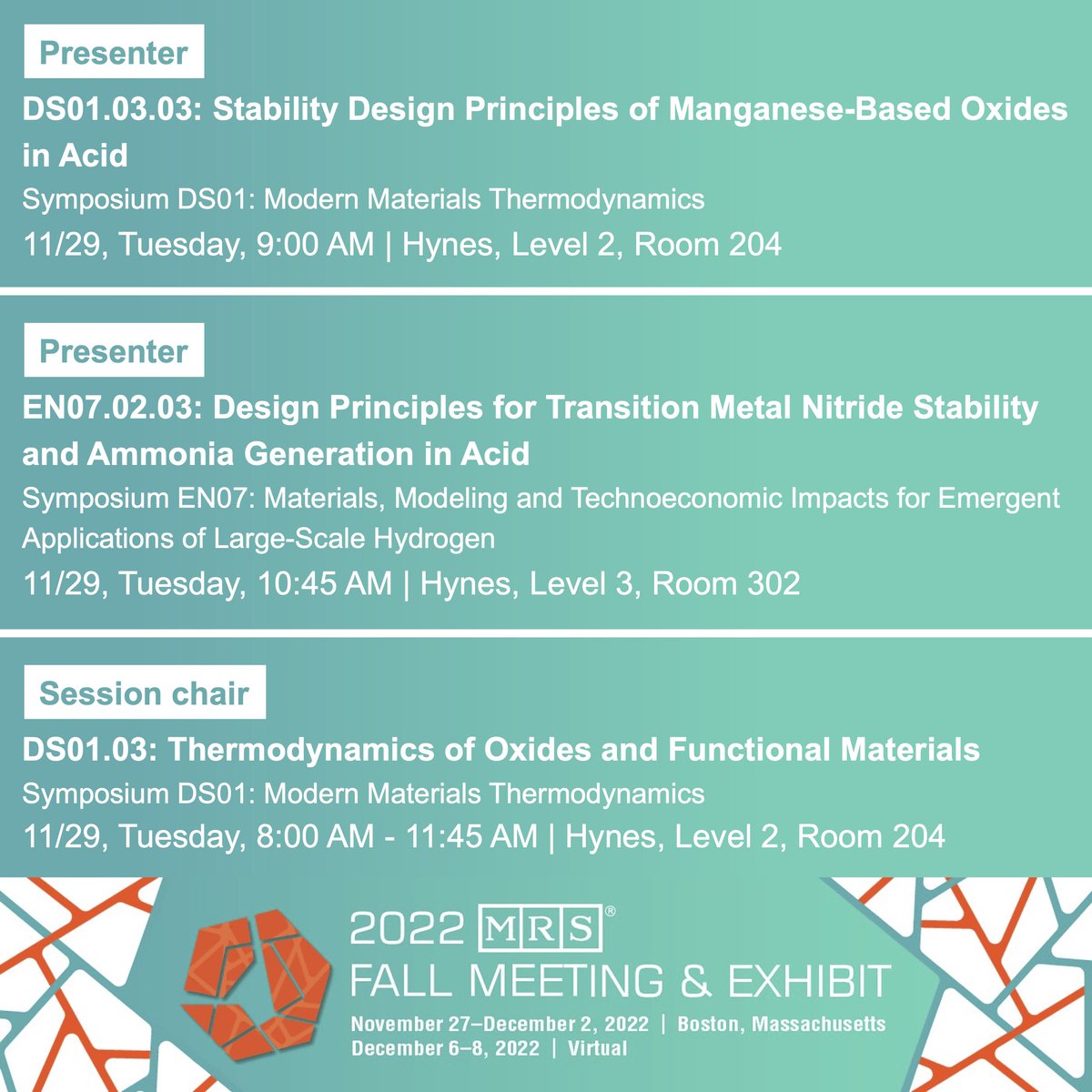 Excited about the upcoming #F22MRS Meeting! I will give two talks on the stability design principles of (electro)catalysts in acid. Also, I'll chair the Tue morning session of the symposium 'DS01: Modern Materials Thermodynamics.' Ping me if you want to meet up and chat! ⚛️🧪🧑‍🔬☕️