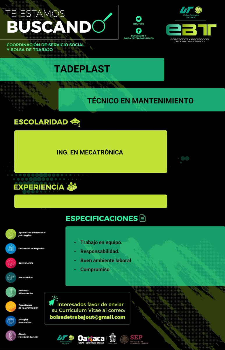 BUtvco's tweet photo. Comunidad Egresada de @mecautvco la empresa Tadeplast SA de CV. 
Solicita Técnico en Mantenimiento 
✅Prestaciones de Ley.
✅Trabajo en equipo.
✅Experiencia no necesaria. 
✍ Interesados mandar su C.V. a bolsadetrabajout@gmail.com
@utvco https://t.co/F0yXw8vllp