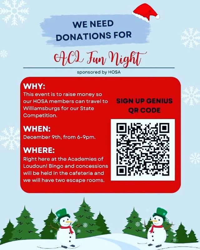 ACLPTSA's tweet photo. HOSA Fun Night - December 9th!
Want to Donate? https://t.co/RY8GPoqUmc https://t.co/C1NQ9GcZN5