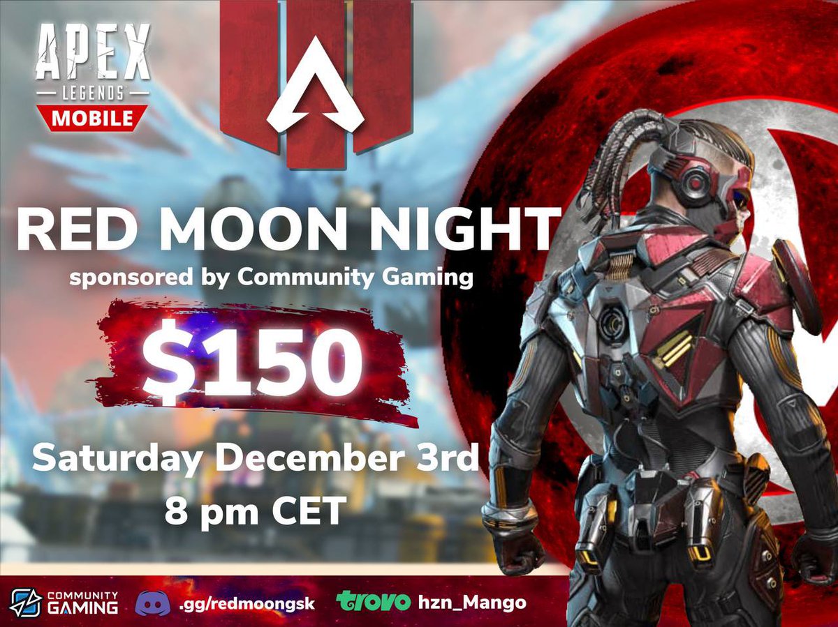 Red Moon is pleased to invite you to its first official Apex Legends Mobile tournament! 💥

Website link: communitygaming.io/tournament/red…
Discord Server: discord.gg/redmoongsk