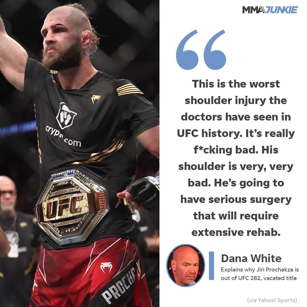 MMAJunkie's tweet photo. UFC president Dana White reveals Jiri Prochazka was forced to vacate the belt after "the worst shoulder injury" doctors have ever seen. 🤕

#UFC282 | Full story: https://t.co/yKsI03LPXy https://t.co/Se8zVi3OFC