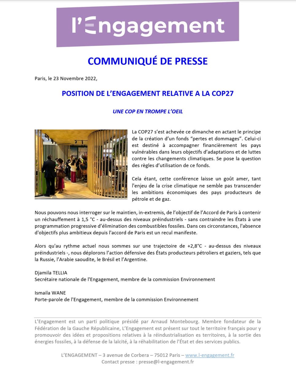 EngagementYvel1's tweet photo. #COP27 Position de l #Engagement relative a la conference de #CharmElCheikh : L Engagement déplore l absence de volonté politique affichée pour soutenir un désengagement planifié des énergies fossiles #ClimateEmergency https://t.co/3fjljgMO0K