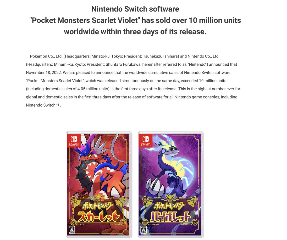 Pokemon Scarlet and Violet sold 10 million copies worldwide in its first 3 days of release bit.ly/3XpSIrg