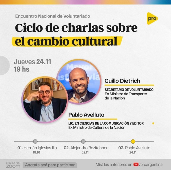 lauryseo's tweet photo. CICLO DE CHARLAS SOBRE CAMBIO CULTURAL. TERCER Y ÚLTIMO ENCUENTRO CON GUILLO DIETRICH Y PABLO AVELLUTO
Encuentro Nacional de Voluntariado
Este jueves 24/11 a las 19hs
#Inscribite acá:
👇👇👇👇👇👇
https://t.co/HHzynBzwRb
¡Nos vemos ahí!
#CicloDeCharlas #voluntariado https://t.co/ttD9jAT6gv