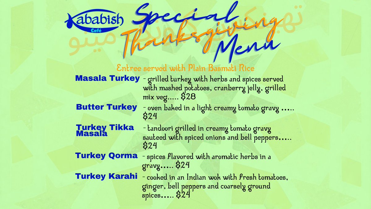 KababishCafe's tweet photo. Take your senses on an adventure while celebrating Thanksgiving with us at Kababish Cafe. Call 919-377-8794 or visit our website https://t.co/RatbzMlq0s
#thanksgivingdinner #thanksgiving2022 #downtowncarync #authenticcuisine https://t.co/2LGGrXQhRP