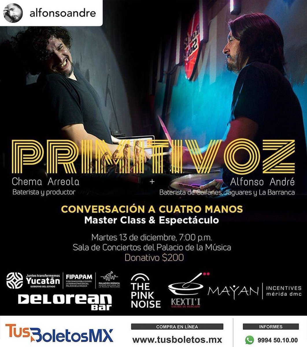 MetamorfeameRAC's tweet photo. #repost • @AlfonsoAndre
Mérida! Nos vemos el 13 de dic… 😃
PRIMITIVOZ: Chema Arreola y Alfonso André.
📆 Martes 13 de diciembre
⏰ 19h
📍 Sala de Conciertos del Palacio de la Música
🎟 Donativo: $200
#balsanproyectos #alfonsoandre #kynestesia https://t.co/AHKXCdqxOJ