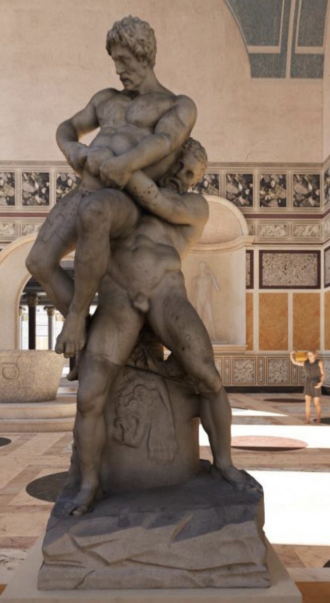 In the Baths of Caracalla, one finds this statue group of Hercules &amp; Antaios! This is an example of a Roman sculptor adding new dynamism to the figures by representing Antaios as having serpentine legs! Learn more about this in Yorescape’s newest virtual tour! #roman #mythology