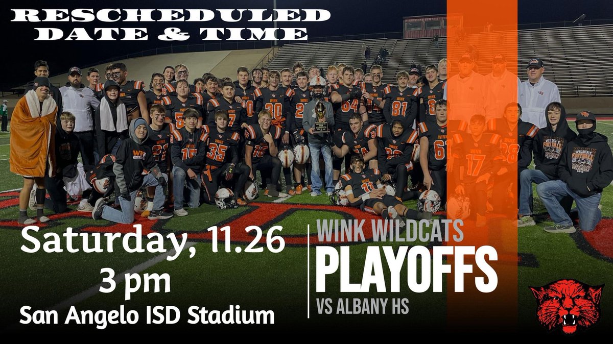 WinkWildcats's tweet photo. ATTENTION! ATTENTION! ATTENTION!

Due to possible icy conditions, making travel hazardous, the playoff game against Albany has been rescheduled to Saturday at 3 pm! 

It will still be in San Angelo. 

Updated sendoff info will be sent out shortly! https://t.co/MPaodongKE