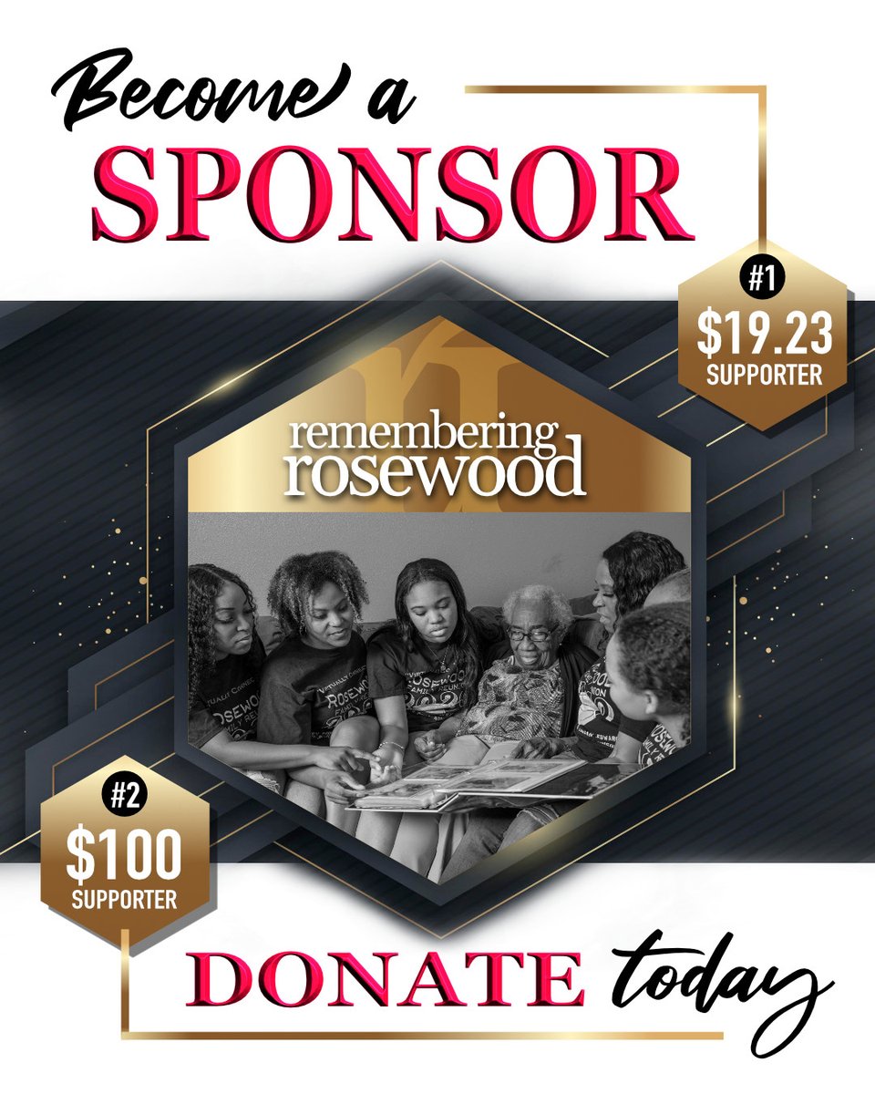Remember1923's tweet photo. Did you know that anyone can become a Remembering Rosewood Centennial sponsor? Become a Rosewood $19.23 or a Rosewood $100 supporter by clicking the link below to give today!
https://t.co/hZmDhGLH4w
#Rosewood100 #Remember1923 #donate #100years #BlackHistory #rememberingrosewood https://t.co/OQGaPtIv8c