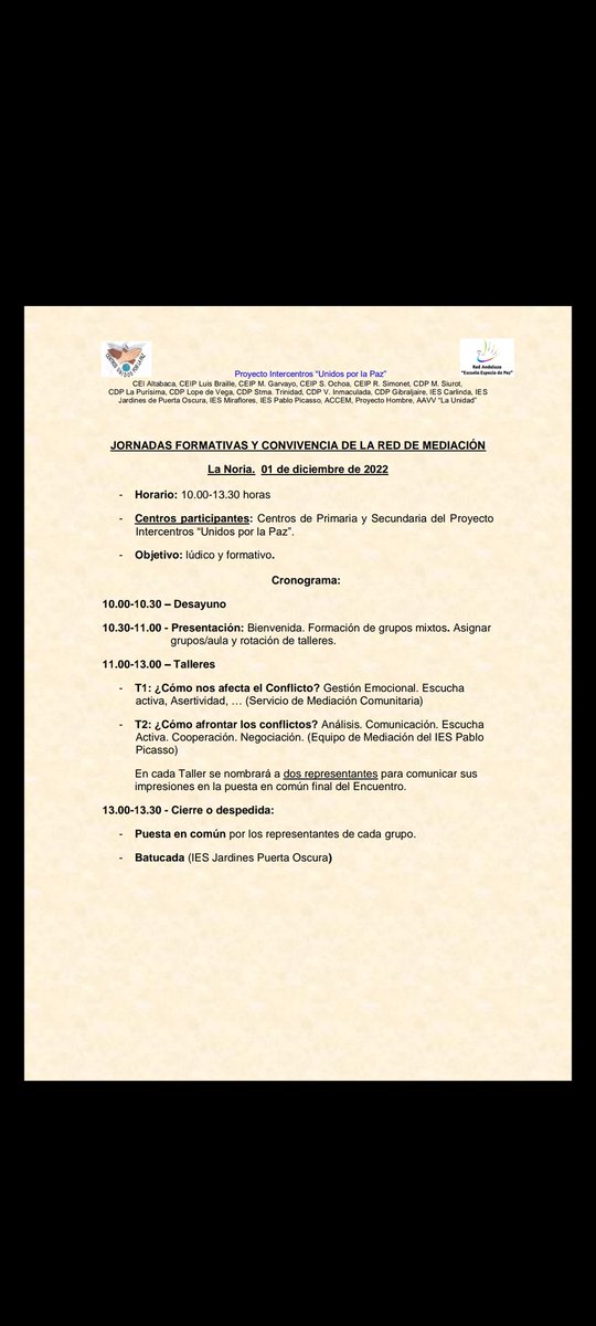 Red_Mediacion's tweet photo. Nuevas Jornadas Formativas y   Convivencia organizada por la Red Intercentros Unidos por la Paz, Distrito Miraflores (Málaga) 👏👏👏 https://t.co/s1ZZv2CzQI
