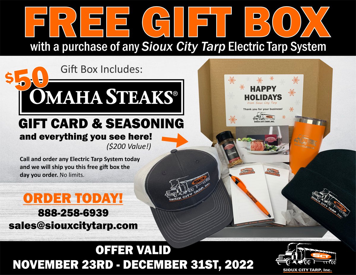 SiouxCityTarp's tweet photo. Our HOLIDAY PROMOTION is here!
Purchase an Electric Tarp System &amp; get a FREE gift box that includes a $50 Omaha Steaks gift card &amp; seasoning!
📞 888-258-6939
📧 sales@siouxcitytarp.com
#ElectricTarpSystem #Tarps #TrailerCovers #GrainTrailers https://t.co/ddBUfifOP8