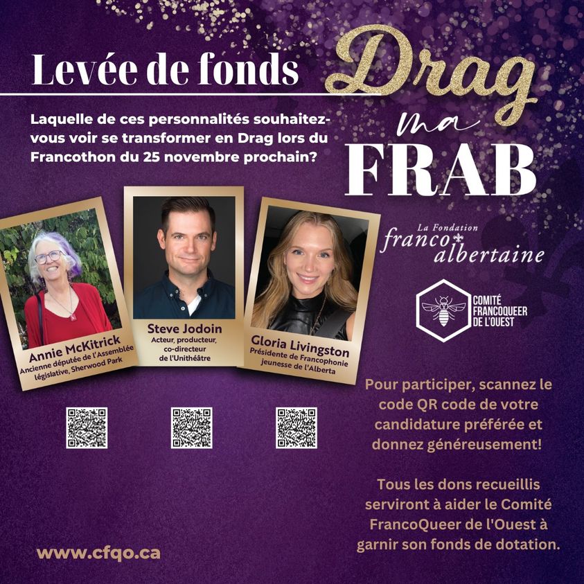 CFQO_AB's tweet photo. Gens de la #FRAB: c'est la dernière ligne droite avant le #francothon pour aider la cause #2SLGBTQIA🏳️🌈🏳️⚧️ Qui voulez-vous voir en #DRAG le 25 novembre prochain??? Donnez généreusement! 😍 https://t.co/trq9tauMCT