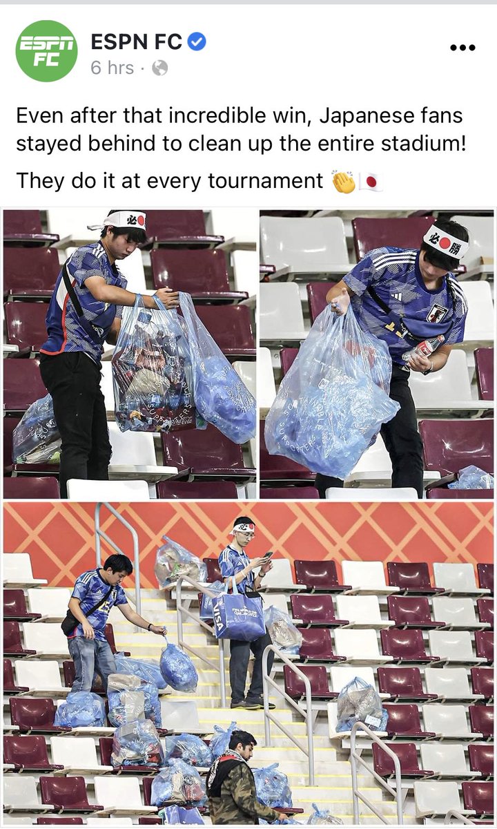 I love how the Japanese fans clean up the stadium after themselves. Sweep the Shed!