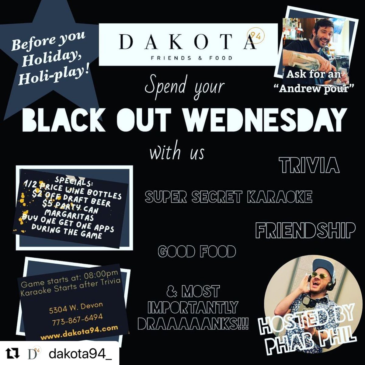 You’ve got plans tonight at #Edgebrook’s Dakota 94! 🍻 

#Repost
・・・
It’s Thanksgiving Eve, 🦃
aka Drinksgiving, 🍾🥂
aka blackout Wednesday! 🍺🍺🍺
Whatever you call it-come party with Phil &amp; Andrew. 👯
Trivia, prizes, karaoke, drink specials, &amp; BOGO apps!