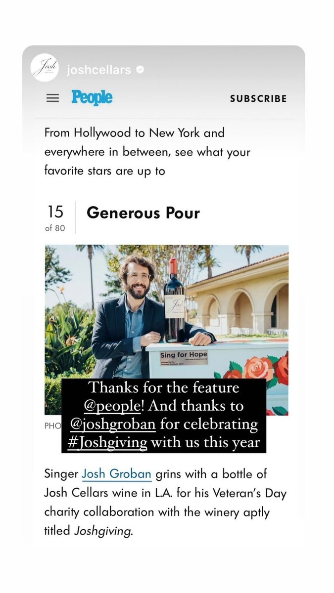 Timpanist's tweet photo. #instastory from .@joshgroban @joshcellars @peoplemag #GenerousPour #Joshgiving https://t.co/DBHgdgBFwc
