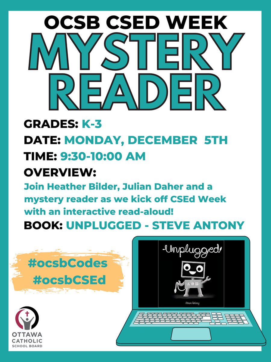 HBilder's tweet photo. Who doesn’t love a good mystery? 📖 Kick off #ocsbCSEd week with your K-3 students and this read-aloud event featuring a top secret #ocsb reader. Register your class here ➡️ https://t.co/Ht4sObyGKp #ocsbCodes #ocsbDigital4Good @mrjdaher https://t.co/vJHybEf7BV