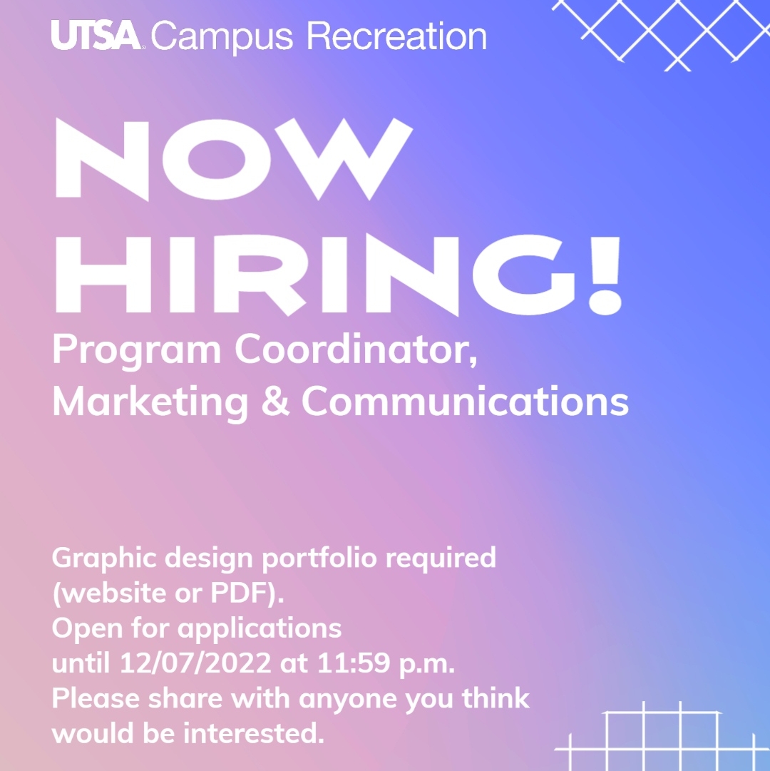 Hey, everyone! Sharing that our Program Coordinator, Marketing &amp; Communications position at #UTSARec is open for applications! The close date is 12/07/2022 at 11:59 p.m. Let me know if you have any questions and please share.
bit.ly/3i1nI0p
#UTSA #SATX