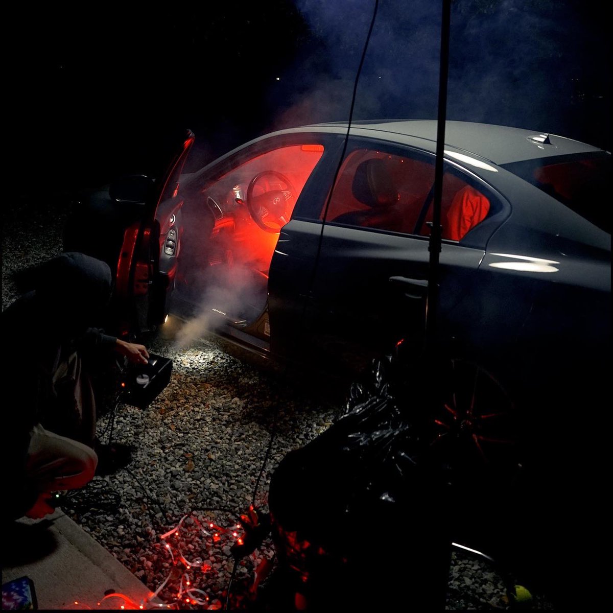 SCSCinema's tweet photo. Took some inspiration from 1983’s “Christine” and turned this Infiniti Q50 Sport into a horror on wheels for a fun nighttime photo shoot! https://t.co/sHmR710Gl1