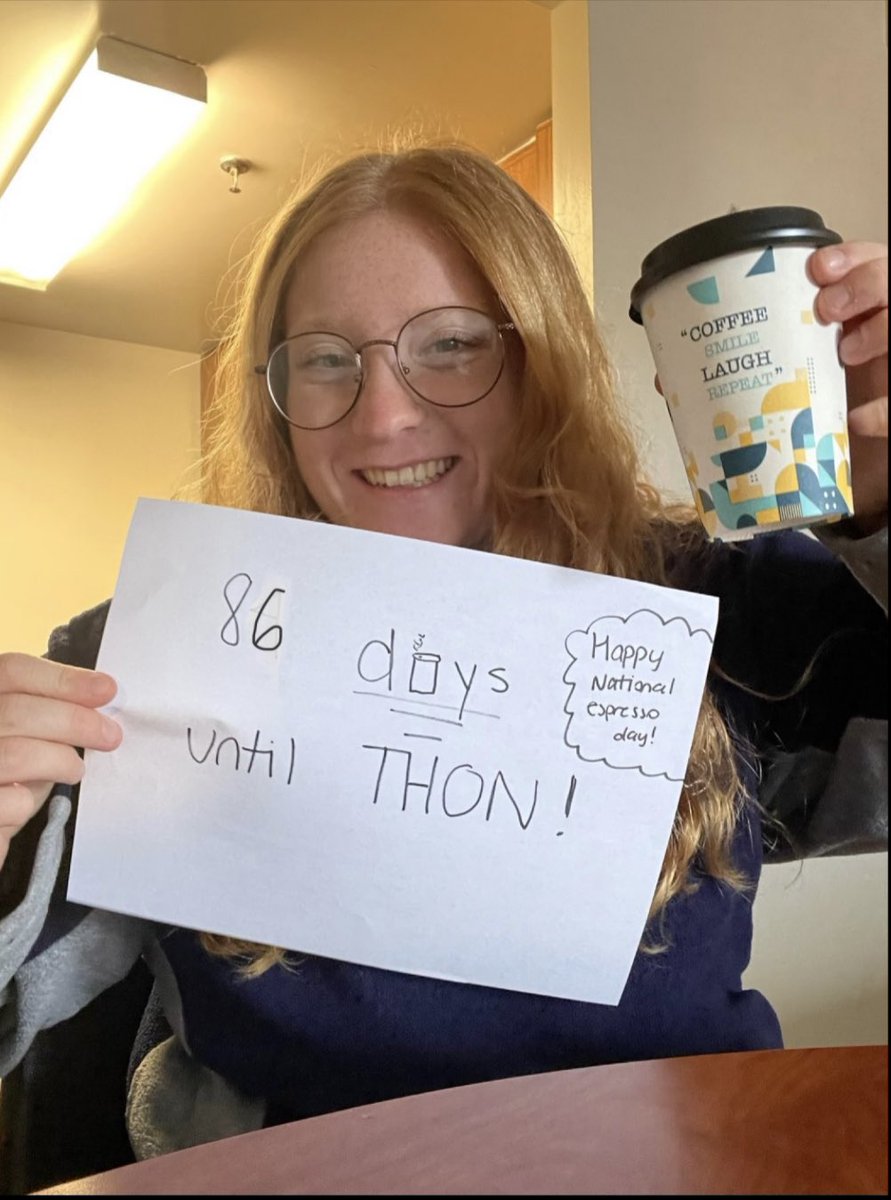 SFdaysuntilTHON's tweet photo. Ally Red Head is here to wish everyone a Happy National  Espresso Day!! We’re also 86 days away from THON!! https://t.co/nD5FCZssE8