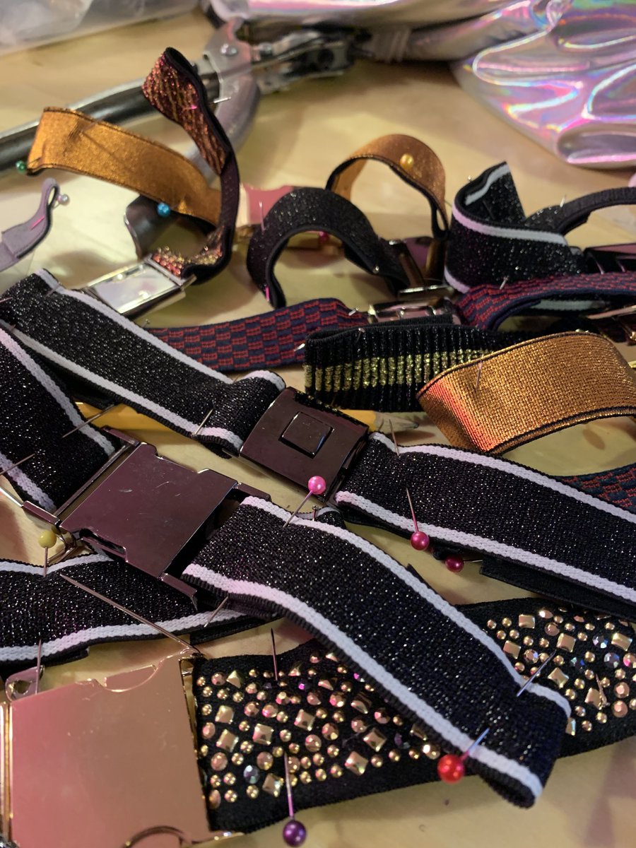 AndreaLauer's tweet photo. A glimpse of todays activity. Shipping out some plum metallic suits and making some@new power belts for the holidays with a visit in the middle from the incredible ⁦@JulieScelfo⁩  who would not let me take her photo just yet… next time when her custom suit is ready! https://t.co/8wnWOrmtxh