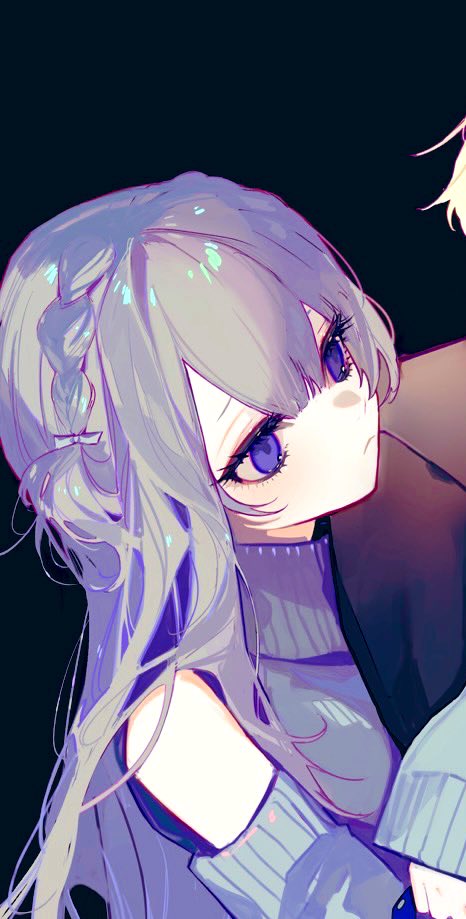 1girl long hair shoulder cutout sweater purple eyes braid grey hair  illustration images