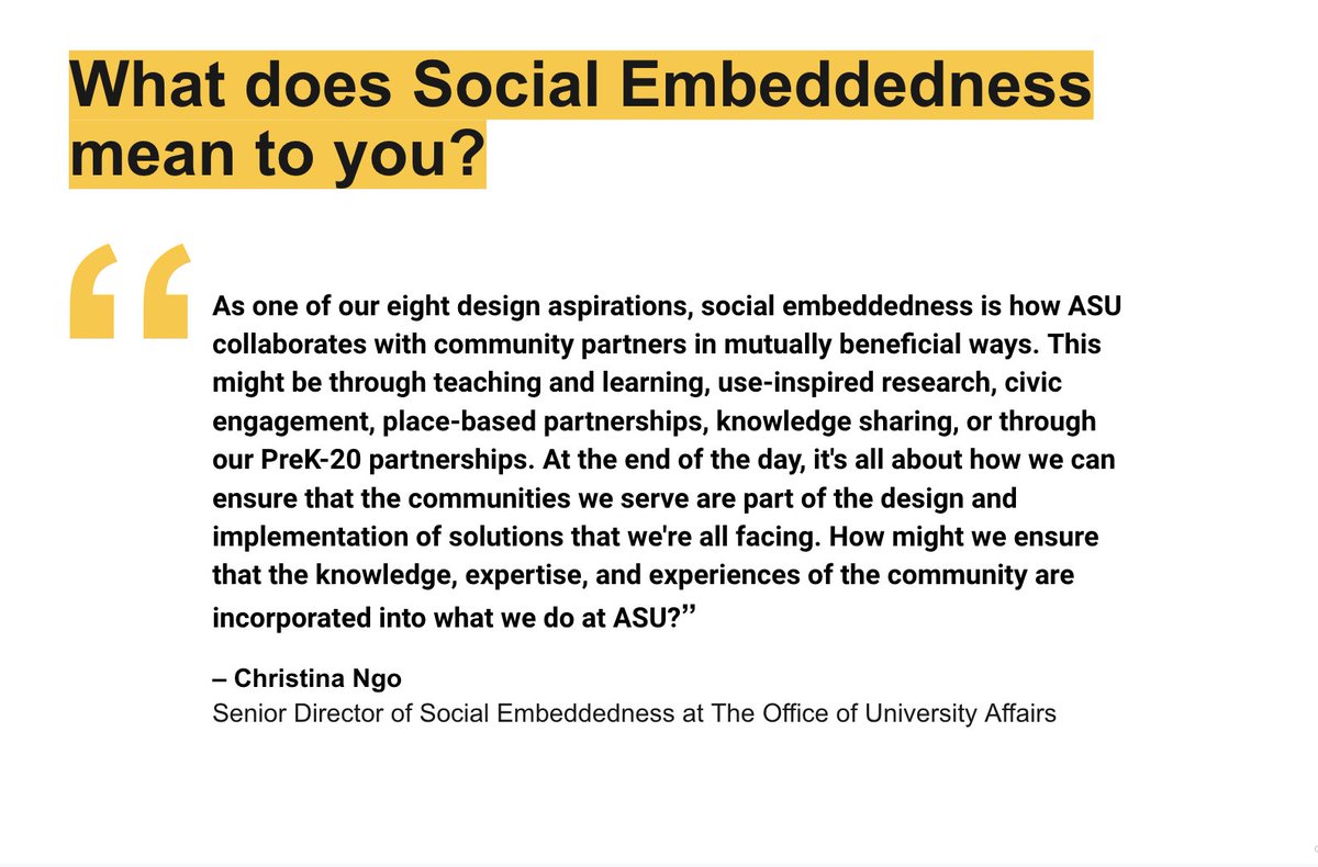 ASUEmbeddedness's tweet photo. What does social embeddedness mean to our Senior Director of Social Embeddedness? Read below how Christina Ngo defines social embeddedness!
#ASUembeddedness @ASU https://t.co/i1WgvJtX7s