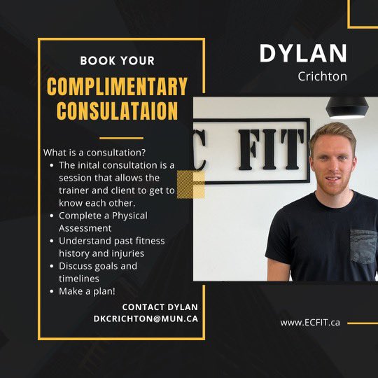 DylanCTraining's tweet image. Book Your Complimentary Consultation! 

DM or email me at dkcrichton@mun.ca and we can book you in for a complimentary consultation. 

During the consultation we will go through a workout, chat about your fitness goals, and make a plan how to achieve those goals.