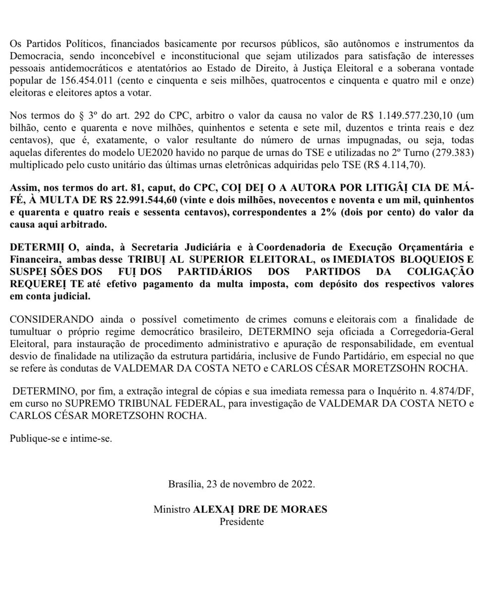 eixopolitico's tweet photo. 🇧🇷 URGENTE: Alexandre de Moraes rejeita ação do PL e determina pagamento de multa de R$ 22 milhões. https://t.co/Hlyk1AO95d