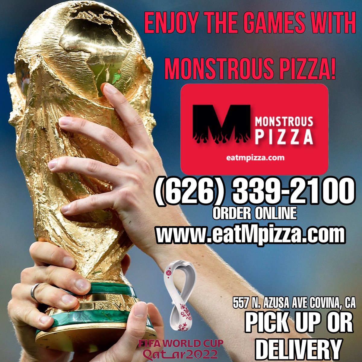 MonstrousPizza's tweet photo. Enjoy the games with Monstrous Pizza! Order online or give us a call. 🍕 #worldcup #fifaworldcup https://t.co/XcEORWBjnB