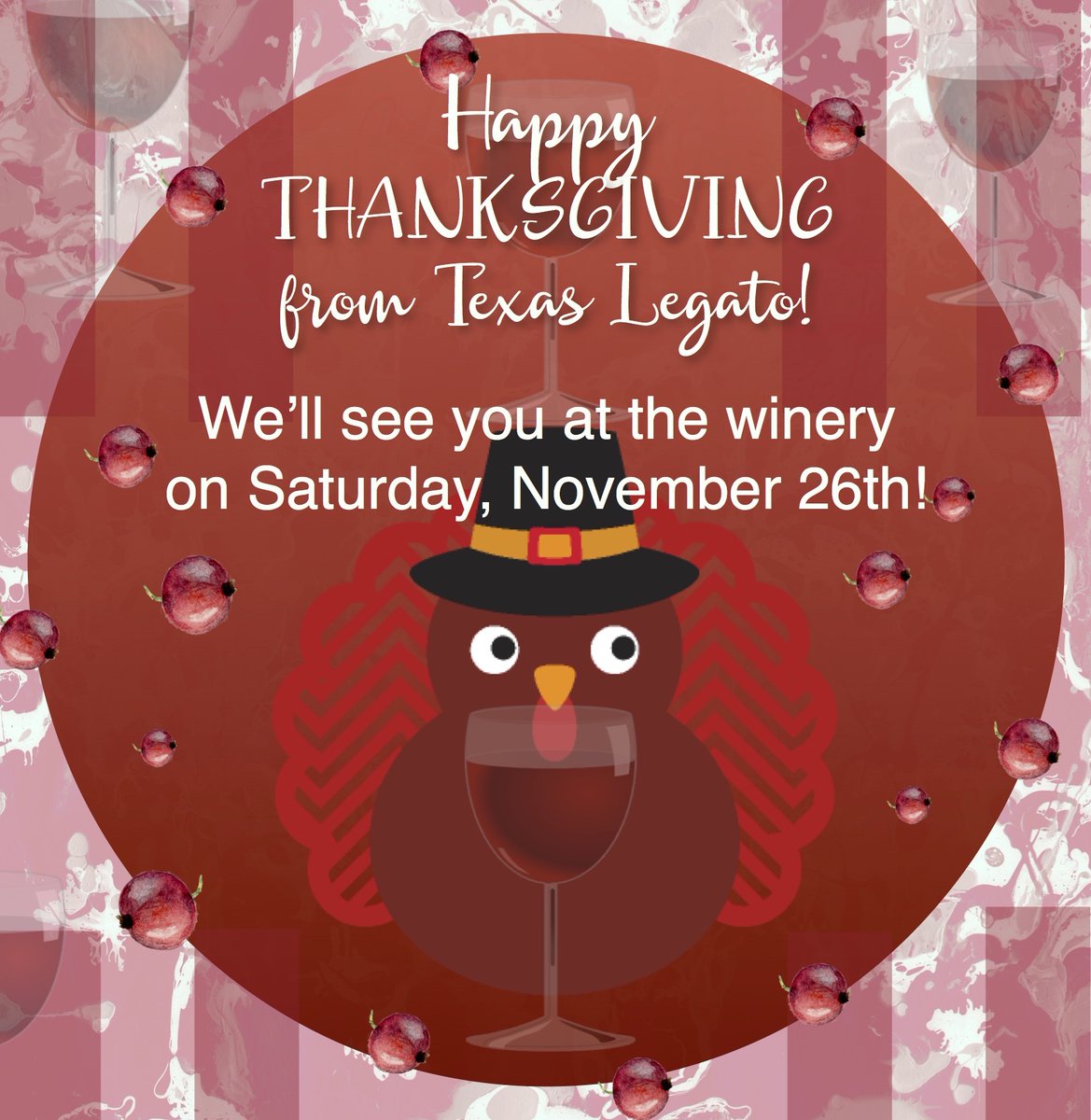 🦃 We hope you and yours have a blessed Thanksgiving! We'll be closed until Saturday, and we hope to see you then!
#holidayhours #thanksgiving #happythanksgivng #turkey #wine #holidaywine #holidayweekend #lampasas #lampasastx #texaslegato #happyturkeyday #winedown #txwine