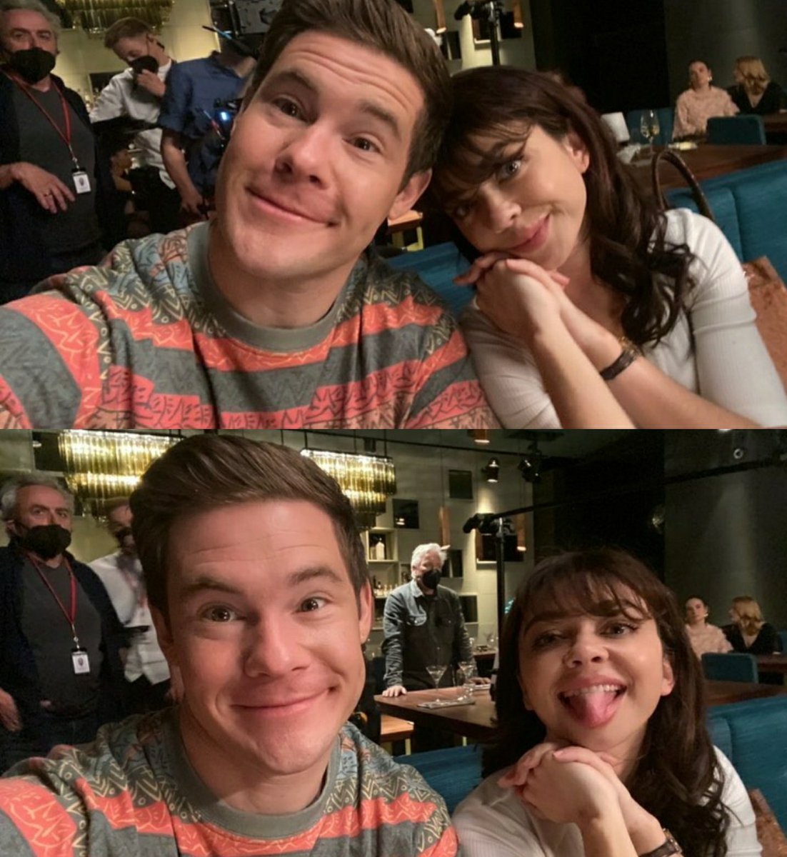 Adam Devine e Sarah Hyland no set da série 'Bumper In Berlin'. Séries