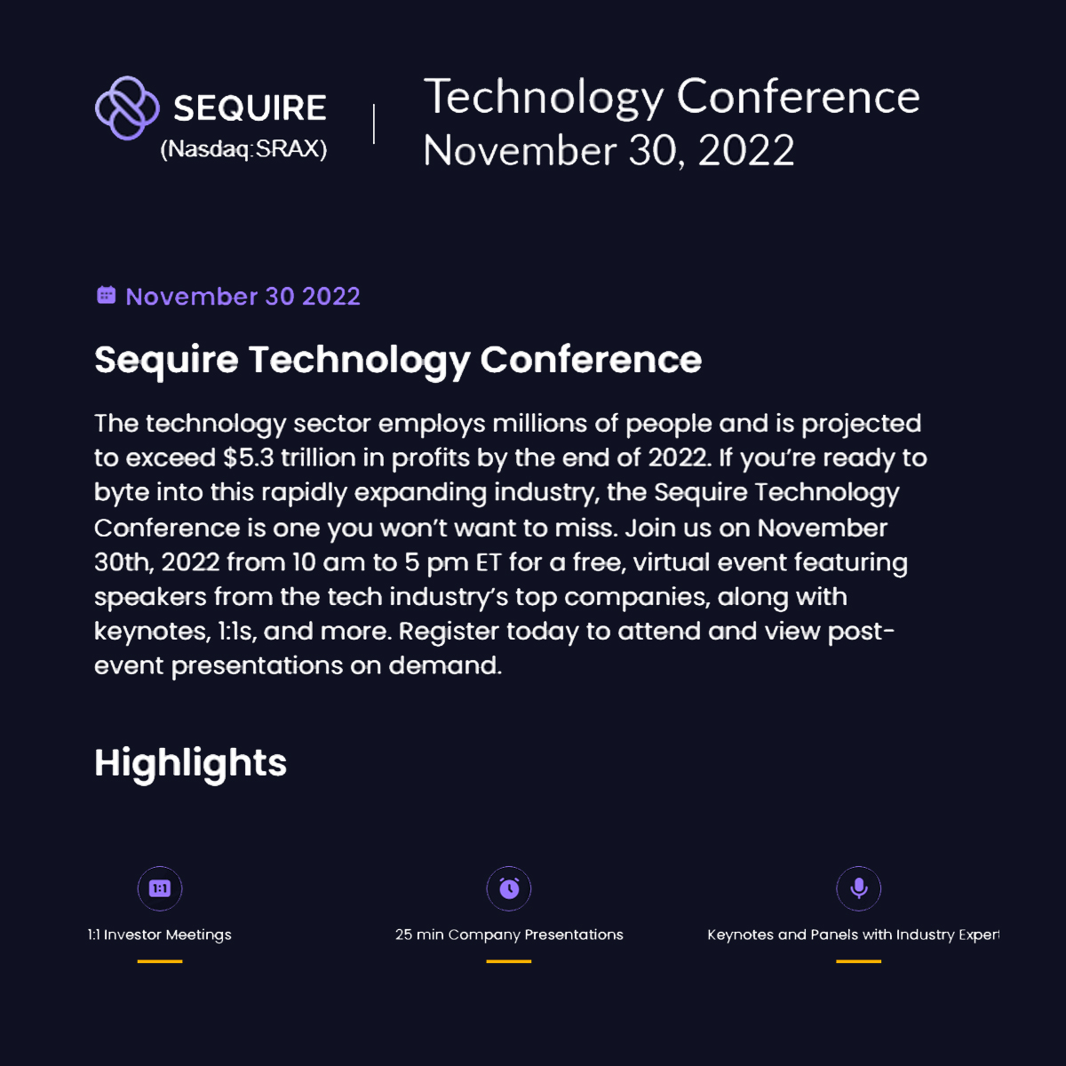 EAWCtech's tweet photo. Irma Velazquez, MSc- CEO, will be presenting at the Sequire Technology Conference on November 30th at 2:00 pm ET. Register to attend for no cost here: https://t.co/cMIxad0Sc6
#sequire
LinkedIn: @SRAX
Facebook: @SRAX
Twitter: @SRAXmedia
Instagram: @SRAXmedia https://t.co/ufgyPimttp